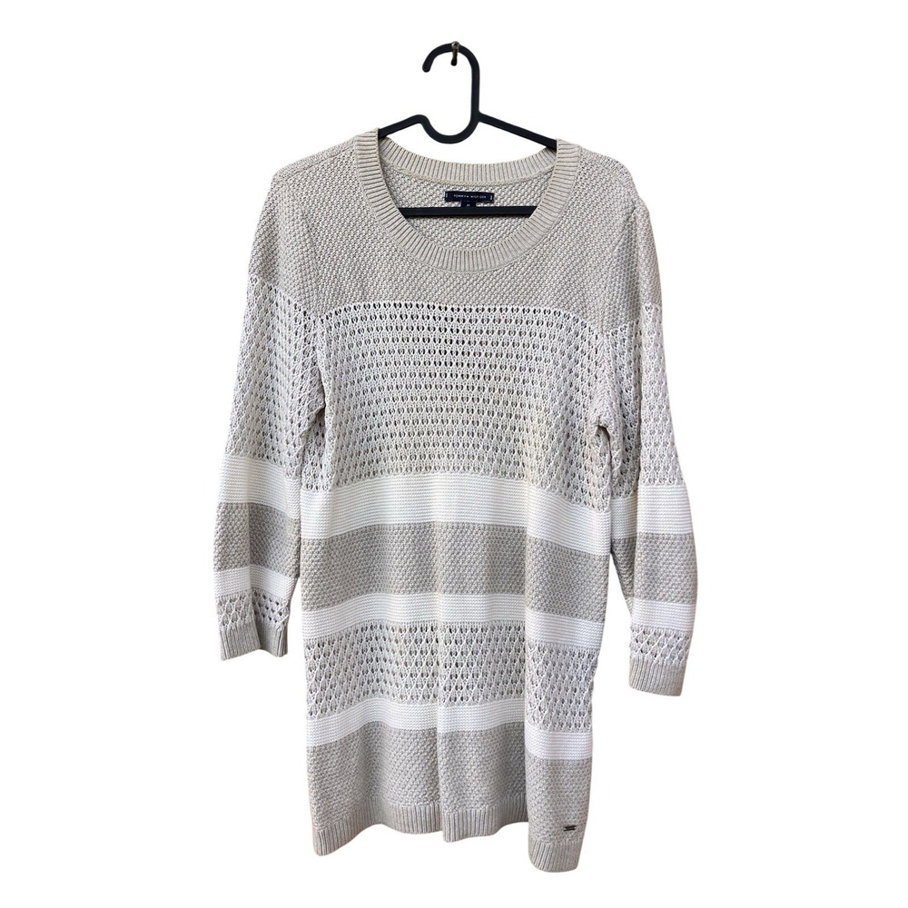TOMMY HILFIGER MEDIUM Pullover Mixed Knit Sweater Long Crochet Classic Neutral